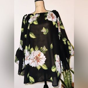 LOVE ARI 3X Black  Top Floral Embroidery Flared Ruffle Sleeves Sheer